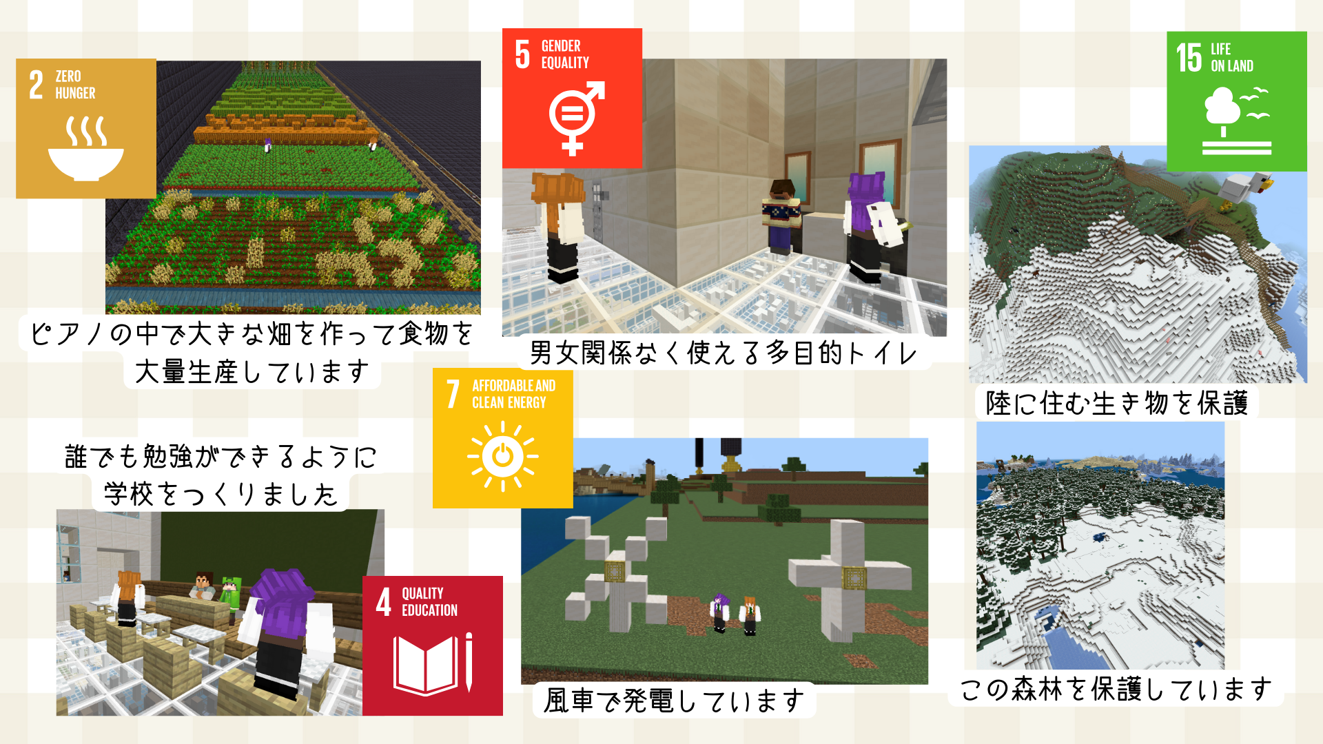 「作品テーマ」をワールド上でどのように表現していますか？SDGsの目標も取り入れて制作した場合は、それも含めてお答えください。